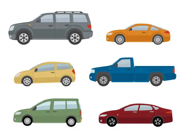Vector illustration of Collection of different cars. Isolated on white background.