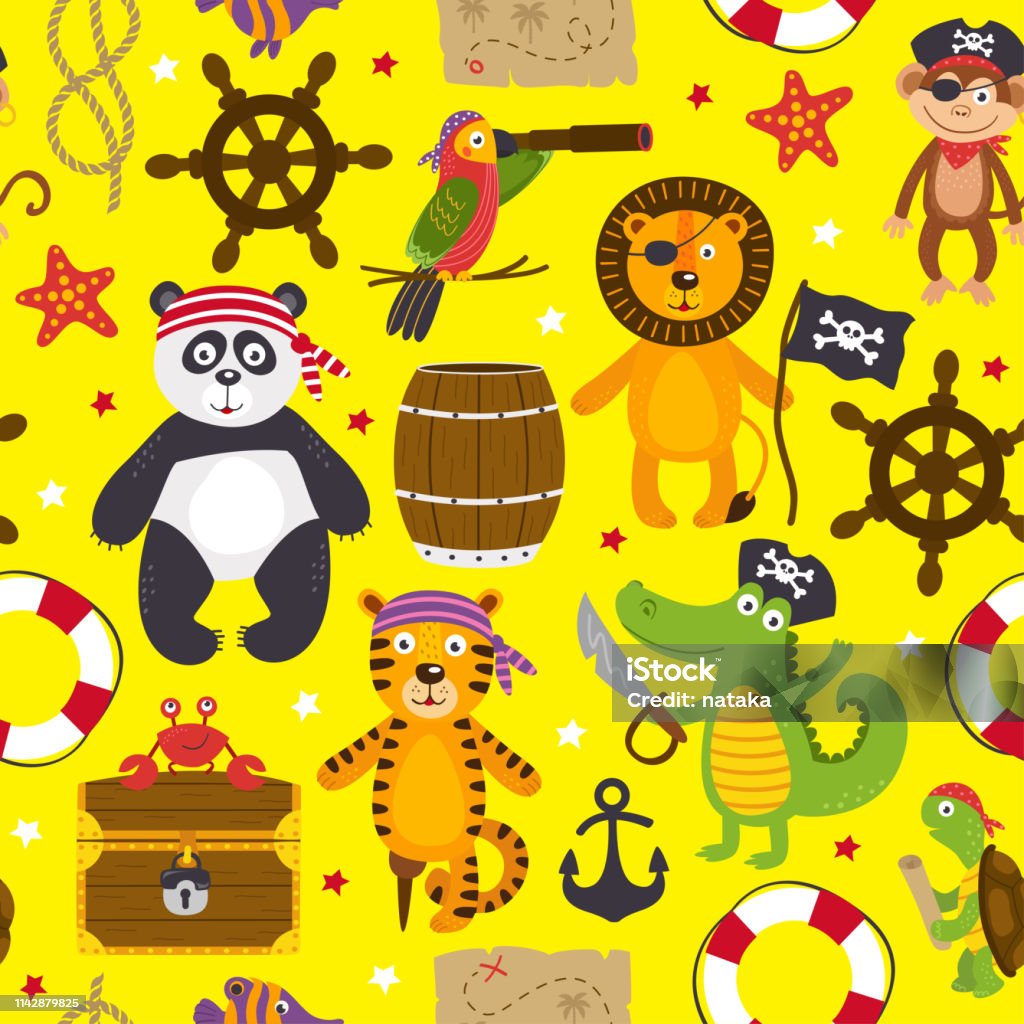 seamless pattern with pirates animals on yellow background seamless pattern with pirates animals on yellow background - vector illustration, eps Textured stock vector