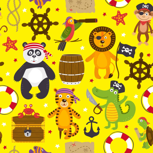 seamless pattern with pirates animals on yellow background seamless pattern with pirates animals on yellow background - vector illustration, eps treasure map texture stock illustrations