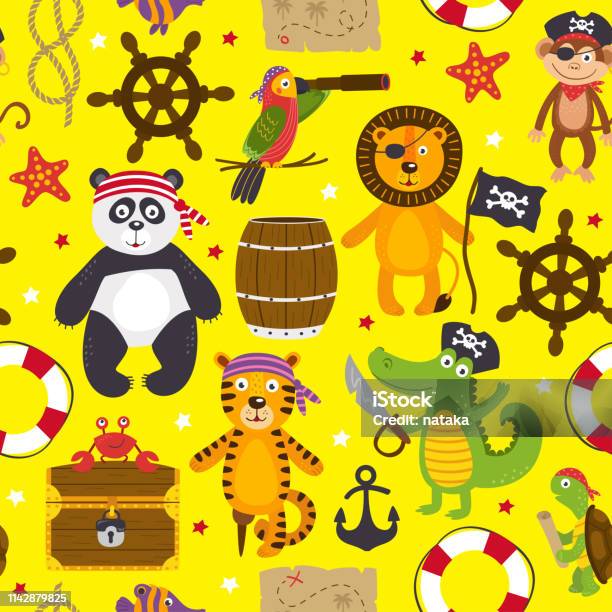 Seamless Pattern With Pirates Animals On Yellow Background Stock Illustration - Download Image Now