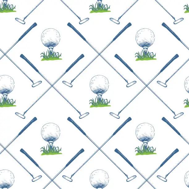 Vector illustration of Seamless golf pattern with putter and ball. Vector set of hand-drawn sports equipment. Illustration in sketch style on white background.