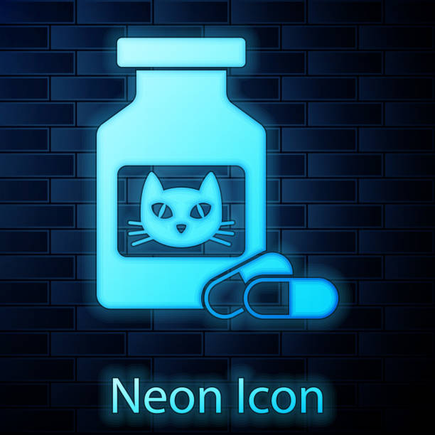 istock Glowing neon Cat medicine bottle and pills icon isolated on brick wall background. Container with pills. Prescription medicine for animal. Vector Illustration 1142882155