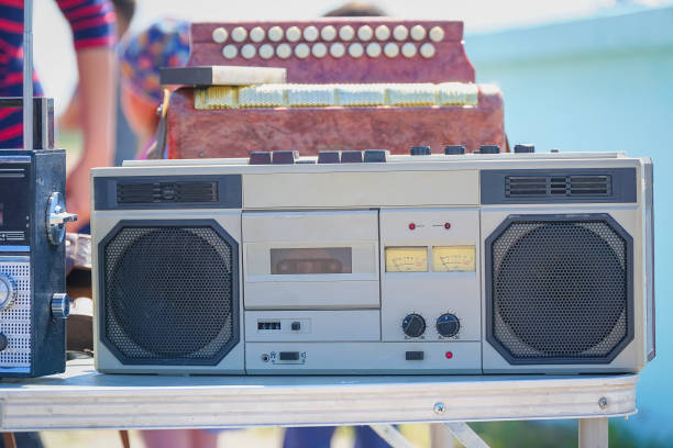 istock Old cassette recorder of silver color on table 1142883147