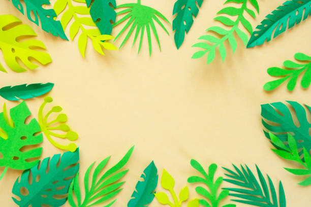 istock tropical leaves cut from paper on a yellow background. 1142883949