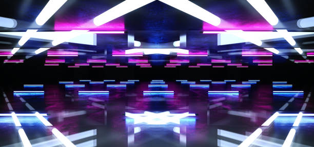 istock Sci Fi Reflective Dark Neon Fluorescent Psychedelic Underground Garage Tunnel Corridor Spaceship Alien Glowing Laser Purple Blue White Shaped Chaotic Concrete 3D Rendering 1142885532