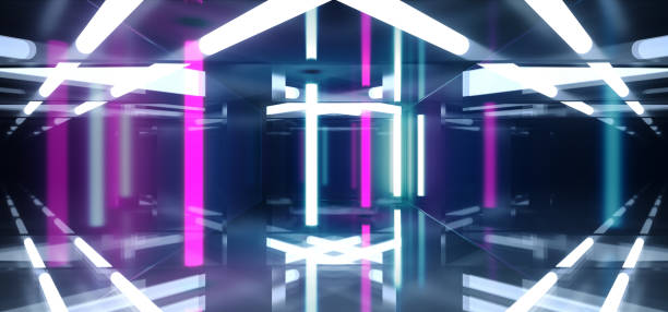 istock Sci Fi Reflective Dark Neon Fluorescent Psychedelic Underground Garage Tunnel Corridor Spaceship Alien Glowing Laser Purple Blue White Shaped Chaotic Concrete 3D Rendering 1142885543
