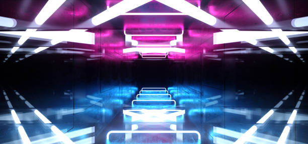 istock Sci Fi Reflective Dark Neon Fluorescent Psychedelic Underground Garage Tunnel Corridor Spaceship Alien Glowing Laser Purple Blue White Shaped Chaotic Concrete 3D Rendering 1142885562