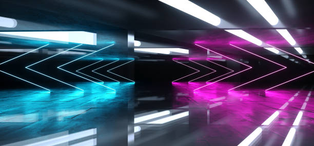 istock Sci Fi Reflective Dark Neon Fluorescent Psychedelic Underground Garage Tunnel Corridor Spaceship Alien Glowing Laser Purple Blue Arrow Shaped Triangles Concrete 3D Rendering 1142885604
