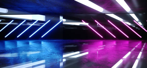 istock Sci Fi Reflective Dark Neon Fluorescent Psychedelic Underground Garage Tunnel Corridor Spaceship Alien Glowing Laser Purple Blue Arrow Shaped Triangles Concrete 3D Rendering 1142885626