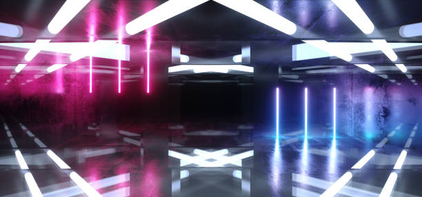 istock Sci Fi Reflective Dark Neon Fluorescent Psychedelic Underground Garage Tunnel Corridor Spaceship Alien Glowing Laser Purple Blue Arrow Shaped Triangles Concrete 3D Rendering 1142885636