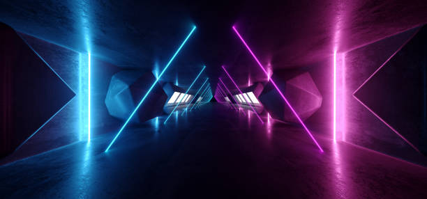 istock Neon Glowing Psychedelic Vibrant Cosmic Ultraviolet Fluorescent Luxurious Luminous Sci Fi Futuristic Retro Triangle Shape Lights Purple Blue Grunge Concrete Tunnel 3D Rendering 1142885772