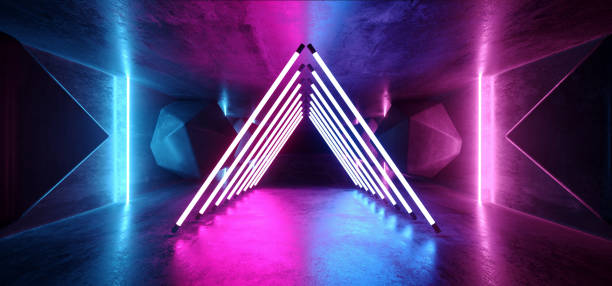 istock Neon Glowing Psychedelic Vibrant Cosmic Ultraviolet Fluorescent Luxurious Luminous Sci Fi Futuristic Retro Triangle Shape Lights Purple Blue Grunge Concrete Tunnel 3D Rendering 1142886310