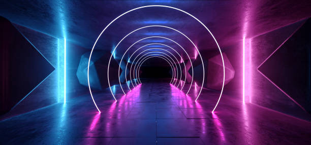 istock Neon Glowing Psychedelic Vibrant Cosmic Ultraviolet Fluorescent Luxurious Luminous Sci Fi Futuristic Retro Circle Track Lights Purple Blue Grunge Concrete Tunnel 3D Rendering 1142886355