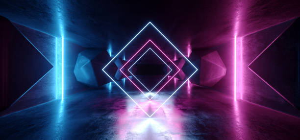 istock Neon Glowing Psychedelic Vibrant Cosmic Ultraviolet Fluorescent Luxurious Luminous Sci Fi Futuristic Retro  Vertical Lights Purple Blue Grunge Concrete Tunnel 3D Rendering 1142886487