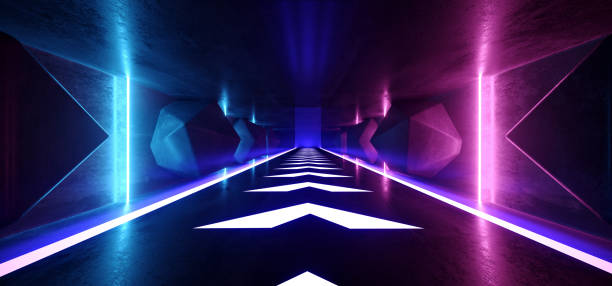 istock Neon Glowing Psychedelic Vibrant Cosmic Ultraviolet Fluorescent Luxurious Luminous Sci Fi Futuristic Retro  Arrow Vertical Lights Purple Blue Grunge Concrete Tunnel 3D Rendering 1142886502
