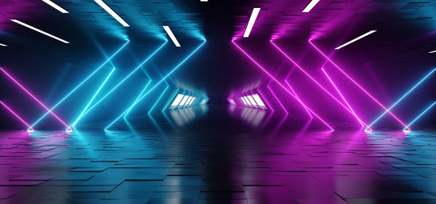 istock Neon Fluorescent Laser Led Psychedelic Garage Elegant Futuristic Sci Fi Modern Dark Empty Room With Tiled Metal Floor And Roof With Led Lights And Purple And Blue Glowing Light Rays 3D Rendering 1142886533