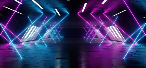 istock Neon Fluorescent Laser Led Psychedelic Garage Elegant Futuristic Sci Fi Modern Dark Empty Room With Tiled Metal Floor And Roof With Led Lights And Purple And Blue Glowing Light Rays 3D Rendering 1142886585