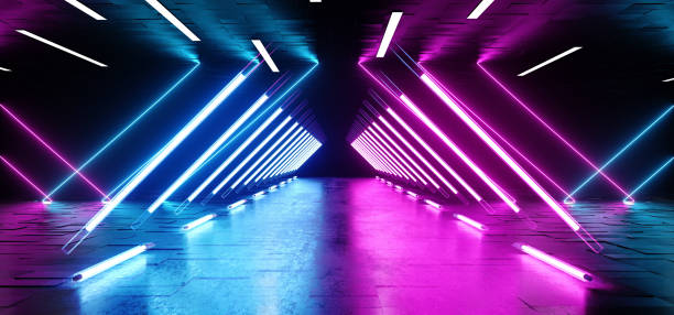 istock Neon Fluorescent Laser Led Psychedelic Garage Elegant Futuristic Sci Fi Modern Dark Empty Room With Tiled Metal Floor And Roof With Led Lights And Purple And Blue Glowing Light Rays 3D Rendering 1142886594