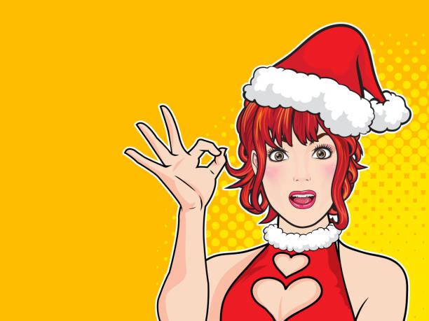 Cute santa woman showing with space banner Cute santa woman showing with comic bubble and dot background pop art comics style. mrs claus stock illustrations