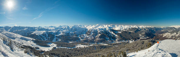 istock Panoramic view down snow covered valley in alpine mountain range with conifer pine trees 1142888205