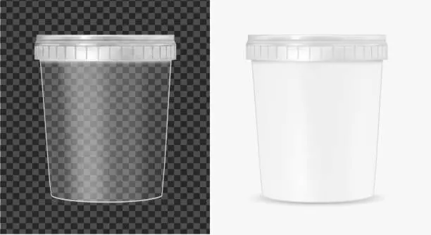 Vector illustration of Transparent plastic bucket for food, sour cream, sauce and snack