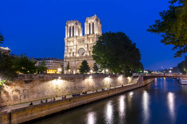 katedra notre-dame de paris i nasyp wyspy cite w nocy, francja - paris france notre dame night ile de la cite zdjęcia i obrazy z banku zdjęć