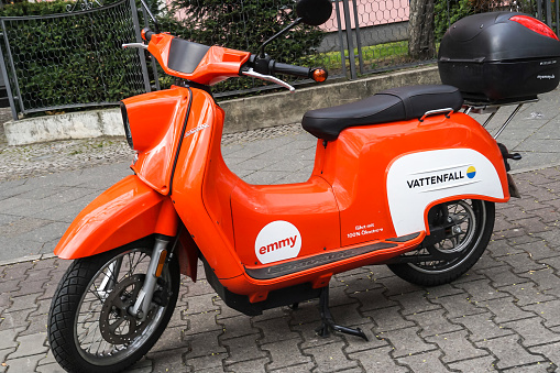Berlin, Germany - April 14, 2019: Emmy electric scooter for sharing co-branded with Vattenfall