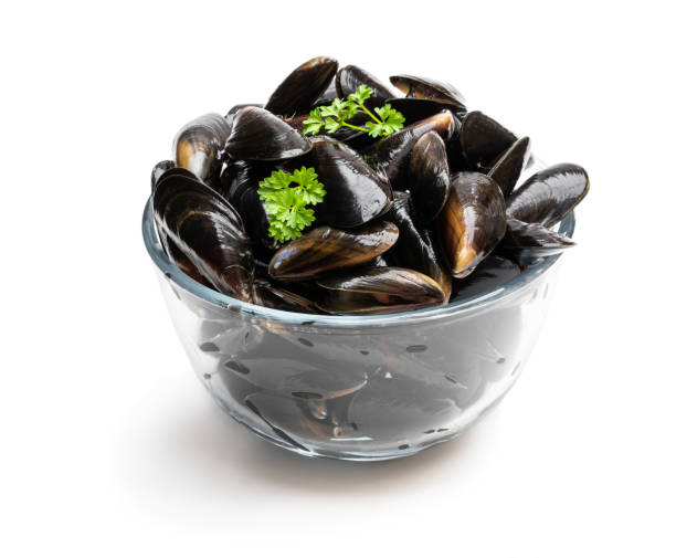 istock Raw mussels in glass bowl isolated on white 1142895021