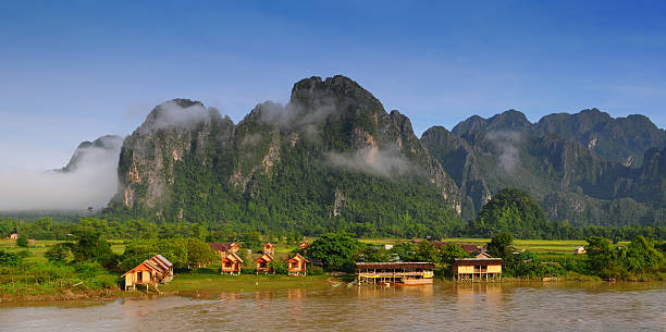 View of VangVieng, Laos  laos photos stock pictures, royalty-free photos & images