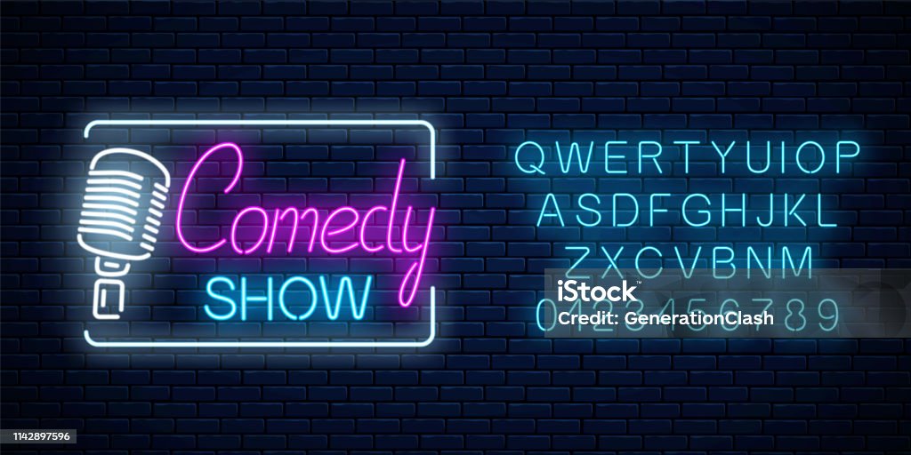 Neon sign of comedy show with retro microphone symbol with alphabet. Humor monolog stand up glowing signboard. Neon sign of comedy show with retro microphone symbol with alphabet on a brick wall background. Humor monolog stand up glowing signboard. Vector illustration. Comedian stock vector