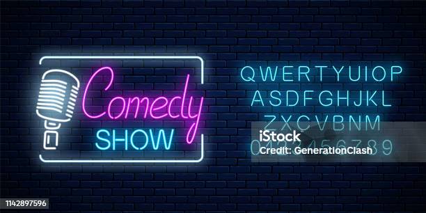 Neon Sign Of Comedy Show With Retro Microphone Symbol With Alphabet Humor Monolog Stand Up Glowing Signboard Stock Illustration - Download Image Now