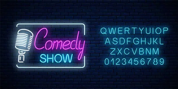 Vector illustration of Neon sign of comedy show with retro microphone symbol with alphabet. Humor monolog stand up glowing signboard.
