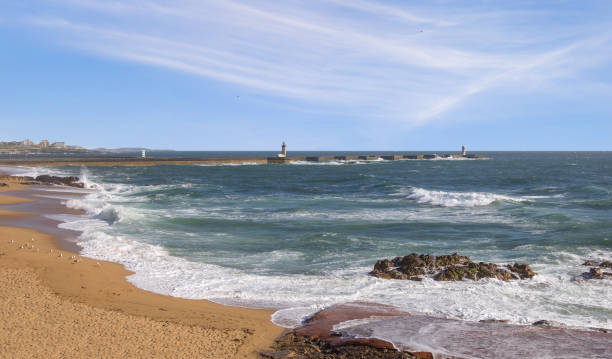 Atlantic ocean beach in Matosinhos. Porto, Portugal. stock photo