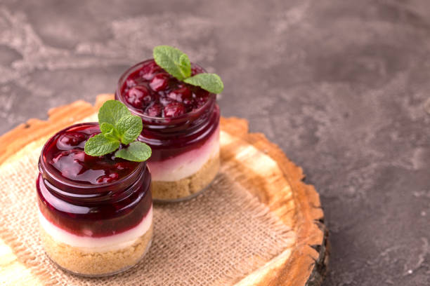 istock Cherry bisquit dessert with ricotta, mint. Yogurt cheesecake breakfast 1142899953