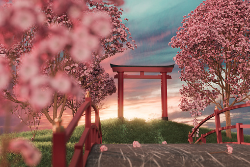 3d rendering of japanese shinto shrine surrounden by japanese cherry trees