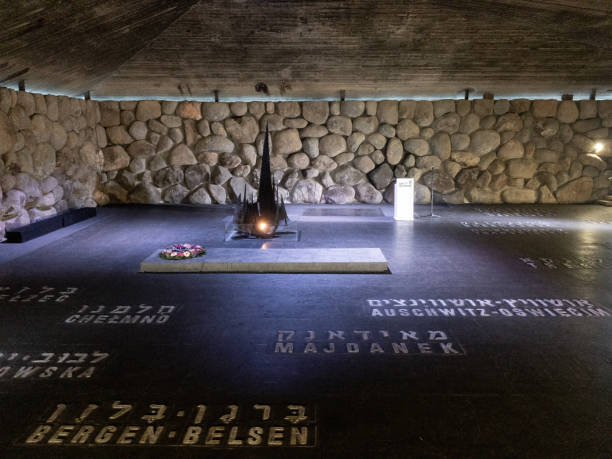 Yad Vashem Jerusalem, Israel, 27 December 2018. Memorial to concentration camps with eternal flame at Yad Vashem Holocaust Memorial concentration camp photos stock pictures, royalty-free photos & images