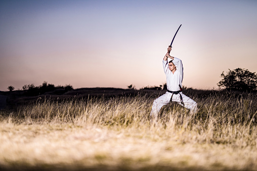 Young martial artist practicing skills with katana in nature.