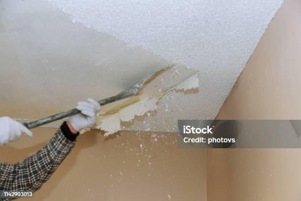 Home Ceiling Drywall Demolition Popcorn Ceiling Texture Stock Photo - Download Image Now