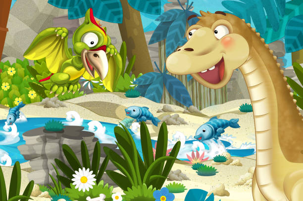istock cartoon scene in the jungle near stream or river with flying dinosaur pterodactyl and apatosaurus 1142903031