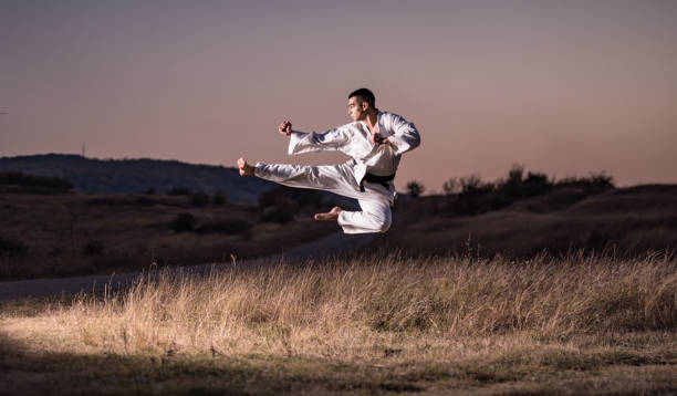 joven artista marcial realizando una patada voladora en la naturaleza. - kicking tae kwon do martial arts flying fotografías e imágenes de stock