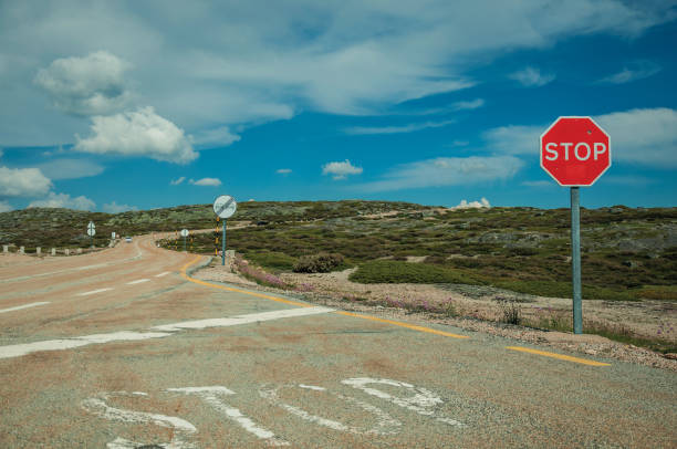 istock Roadway with STOP signpost on rocky landscape 1142904278