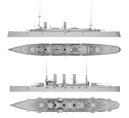 set warship in gray side view and top view isolated on white. 3d rendering