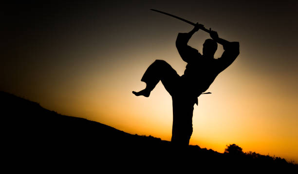 istock Martial artist practicing an attack with katana in nature. 1142905468