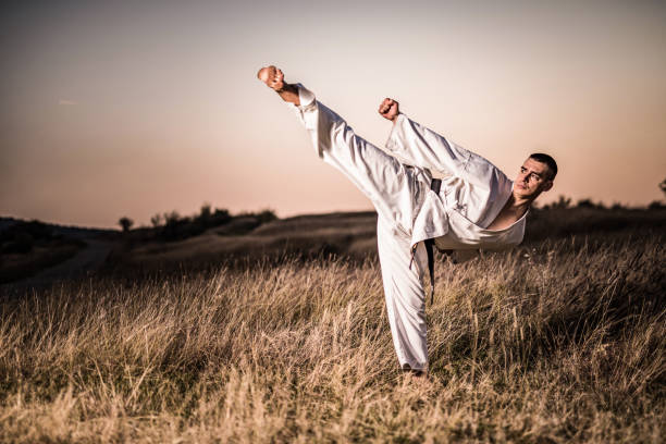 Martial artist performing a high kick in nature.