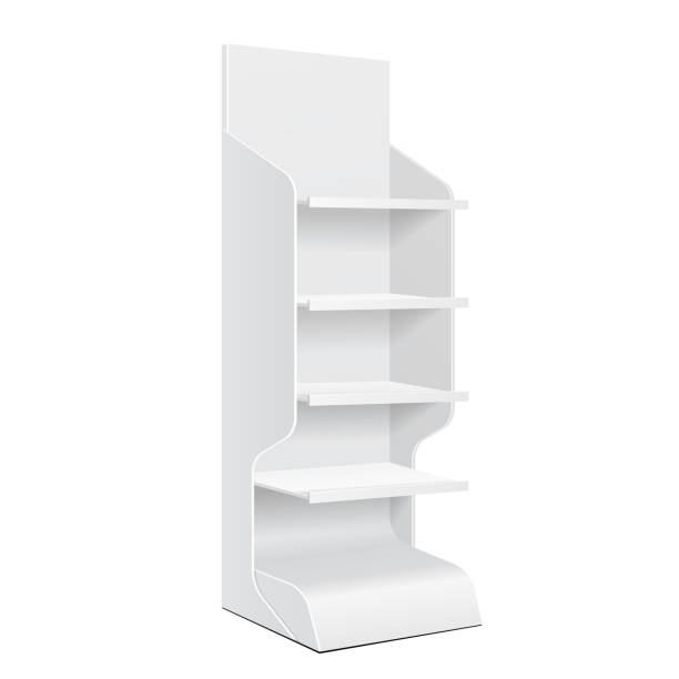 istock White POS POI Cardboard Floor Display Rack For Supermarket Blank Empty Displays With Shelves Products On White Background Isolated. Ready For Your Design. Product Packing. Vector EPS10 1142916774