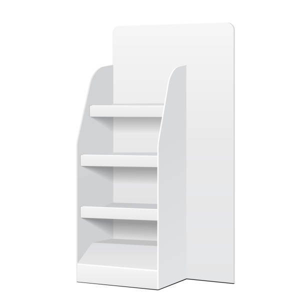 istock White POS POI Cardboard Floor Display Rack For Supermarket Blank Empty Displays With Shelves Products On White Background Isolated. Ready For Your Design. Product Packing. Vector EPS10 1142917075