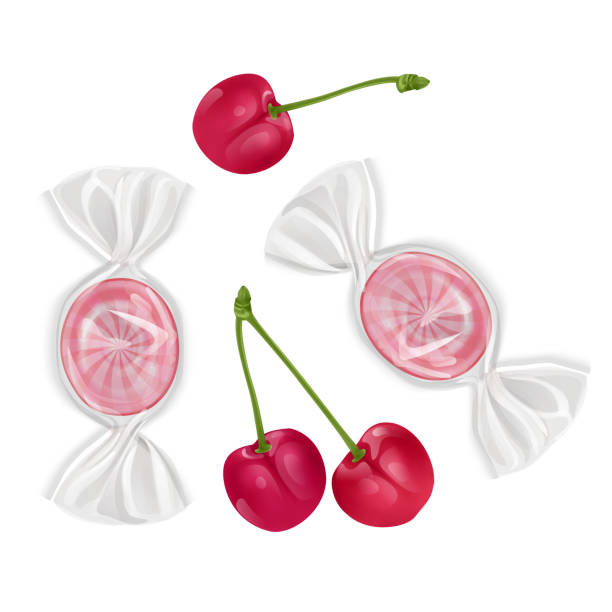 illustrations, cliparts, dessins animés et icônes de ensemble de bonbons sur fond blanc, bonbons durs, sucettes douces forme ronde avec saveur de cerise. - hard candy candy mint wrapped