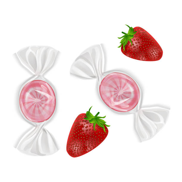 illustrations, cliparts, dessins animés et icônes de ensemble de bonbons sur fond blanc, bonbons durs, sucettes douces forme ronde avec saveur de fraise. - hard candy candy mint wrapped