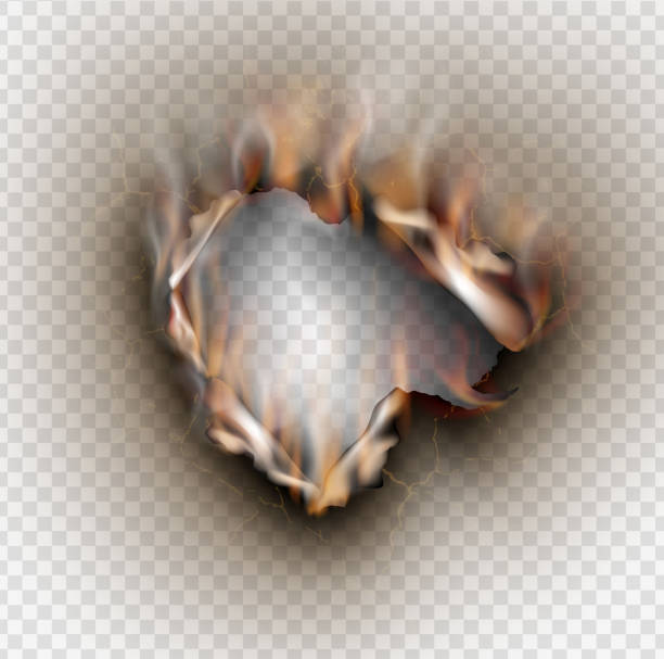 Hole torn in ripped paper with burnt and flame on transparent background Hole torn in ripped paper with burnt and flame on transparent background at the edge of burnt frame grunge stock illustrations