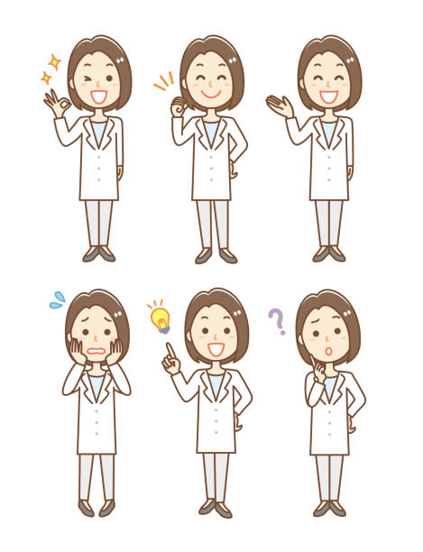 Facial expression set of woman wearing white coat Facial expression set of woman wearing white coat impatient woman stock illustrations